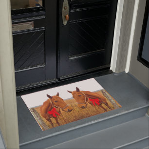 Equine Christmas, Brown Horse with red bow  Doormat