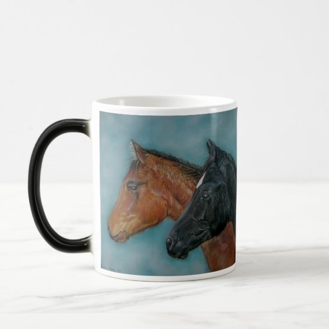 equine painting of black foal chestnut brown foal magic mug (Left)