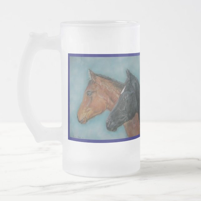 equine picture of black foal chestnut brown foal frosted glass beer mug (Left)