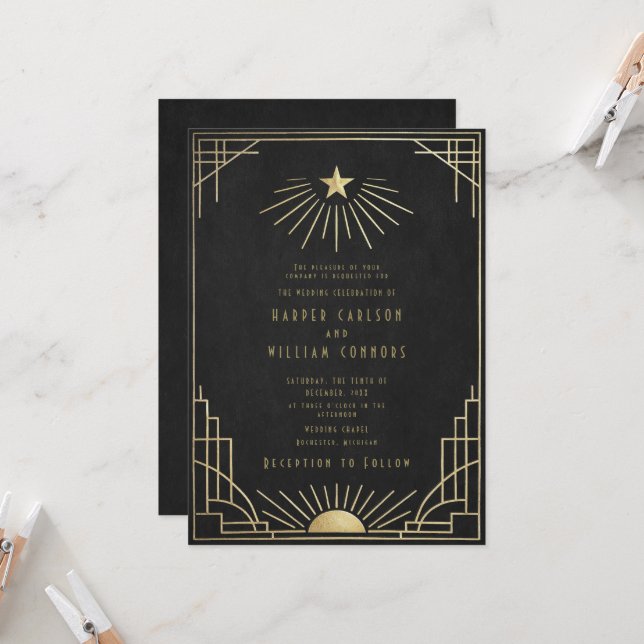 Equinox Art Deco Celestial Wedding Invitation (Front/Back In Situ)
