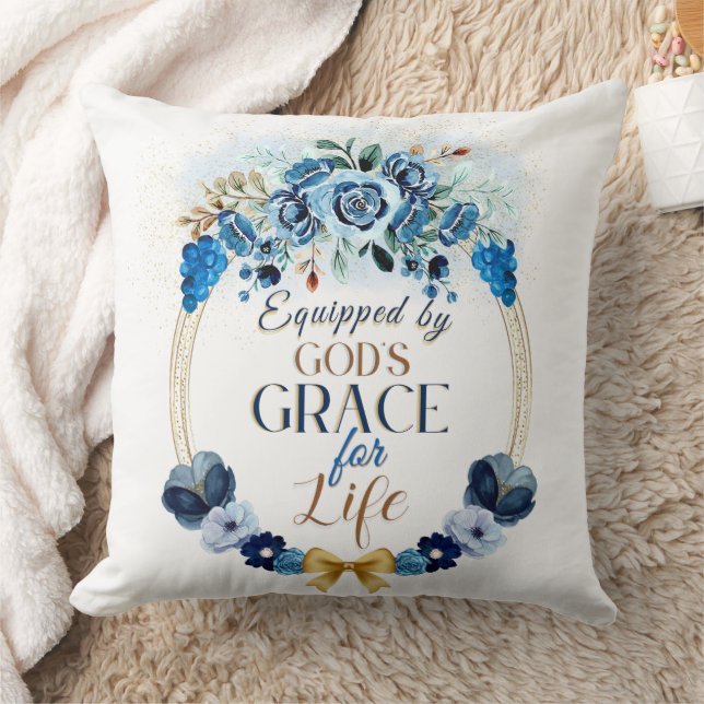 Equipped by God's Grace Blue Gold Floral Wreath Cushion (Blanket)