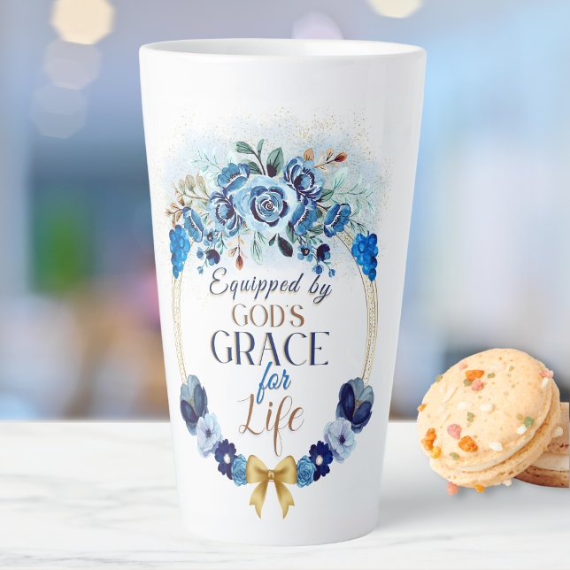 Equipped by God's Grace Elegant Blue Gold Floral  Latte Mug (Creator Uploaded)