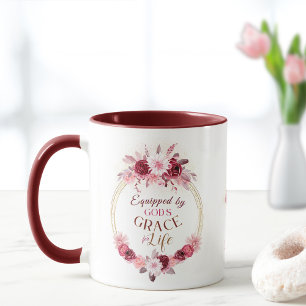 Equipped by God's Grace Monogram Pink Gold Floral  Mug