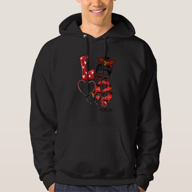 Er Nurse Plaid Leopard Love Heart Messy Bun Rn Nur Hoodie (Front)