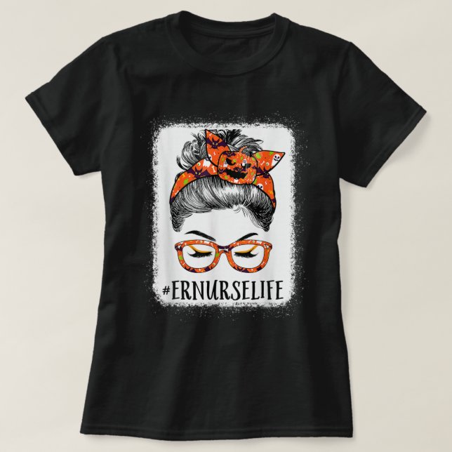 Er Nurse Women Messy Bun Pumpkin Halloween Spider  T-Shirt (Design Front)