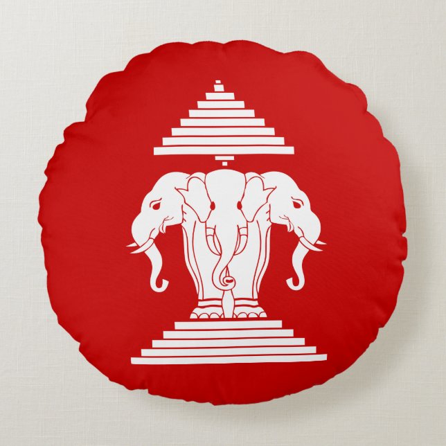 Erawan Three Headed Elephant Lao / Laos Flag Round Cushion (Front)