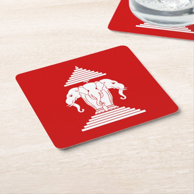 Erawan Three Headed Elephant Lao / Laos Flag Square Paper Coaster (Angled)