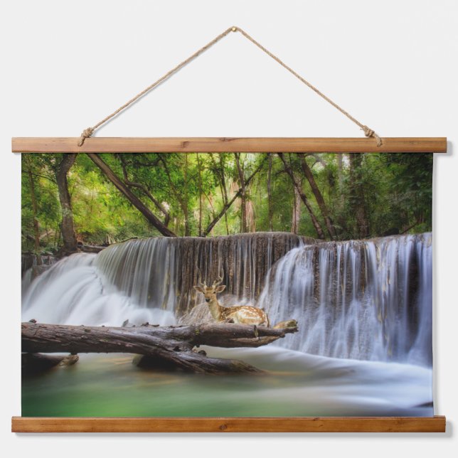Erawan Waterfall with Deer Relaxing  Hanging Tapestry (Front)