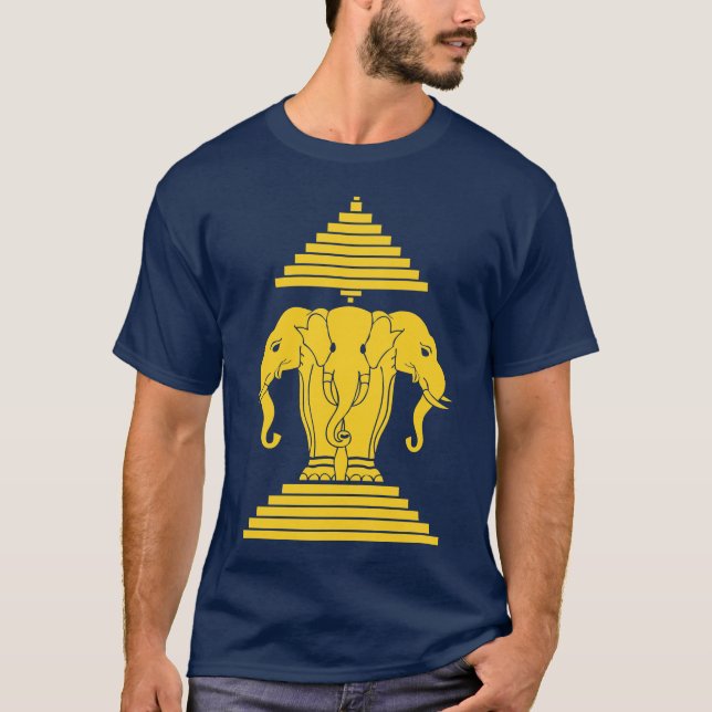 Erawan Yellow 3 Headed Elephant Lao / Laos Flag T-Shirt (Front)