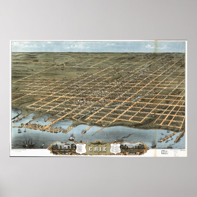 Erie Pennsylvania 1870 Antique Panoramic Map Poster (Front)