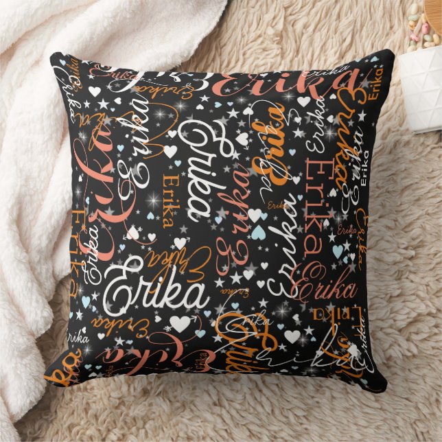 Erika Custom Name, Cute Hearts and Stars Black Cushion (Blanket)