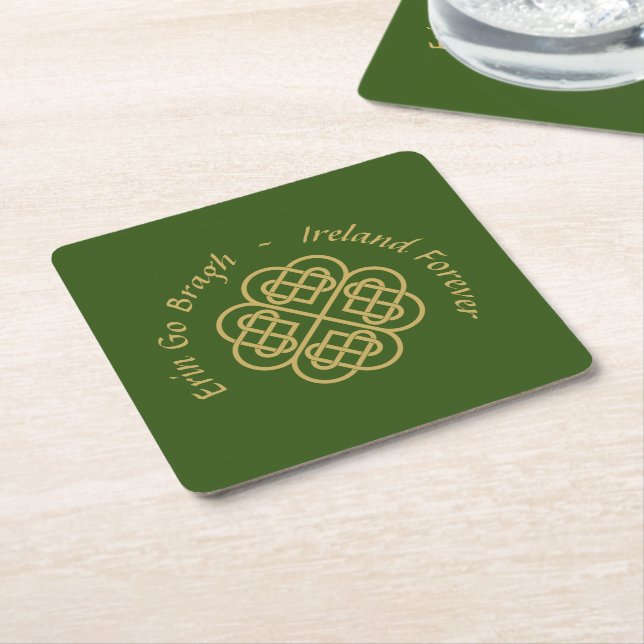 Erin Go Bragh Gold Celtic Shamrock  Square Paper Coaster (Angled)