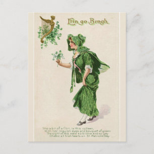 Erin Go Bragh Lady With Bouquet of Shamrocks Postcard