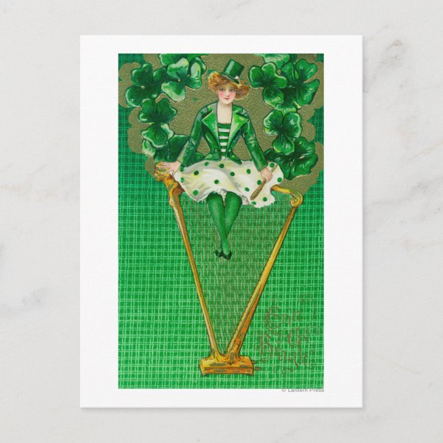 Erin Go Bragh Woman on Harp Scene Postcard (Front)