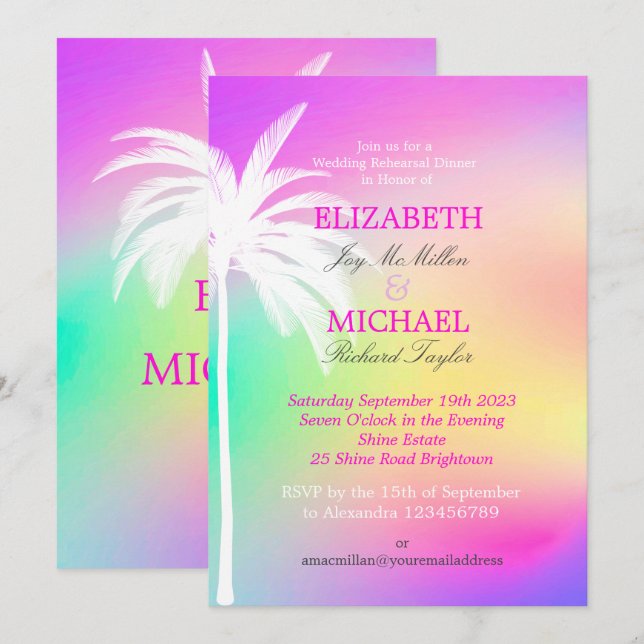 Erin Palm Tree White Colourful Modern  Invitation (Front/Back)