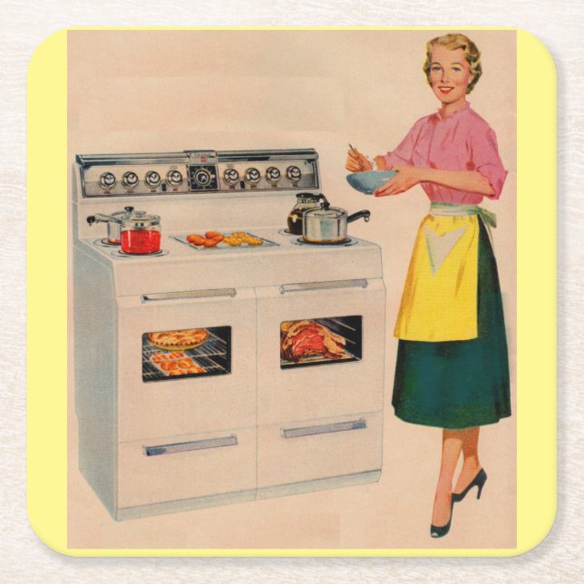 Erma and her double-barrelled oven square paper coaster (Front)