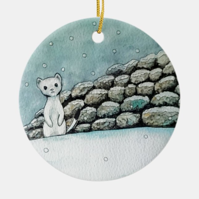Ermine in the snow ceramic tree decoration (Front)