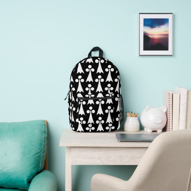 Ermine Pattern, Mediaeval Pattern, White on Black Printed Backpack (Insitu)