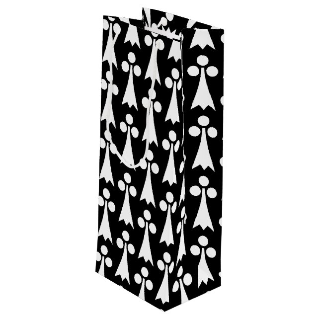 Ermine Pattern, Mediaeval Pattern, White on Black Wine Gift Bag (Back Angled)