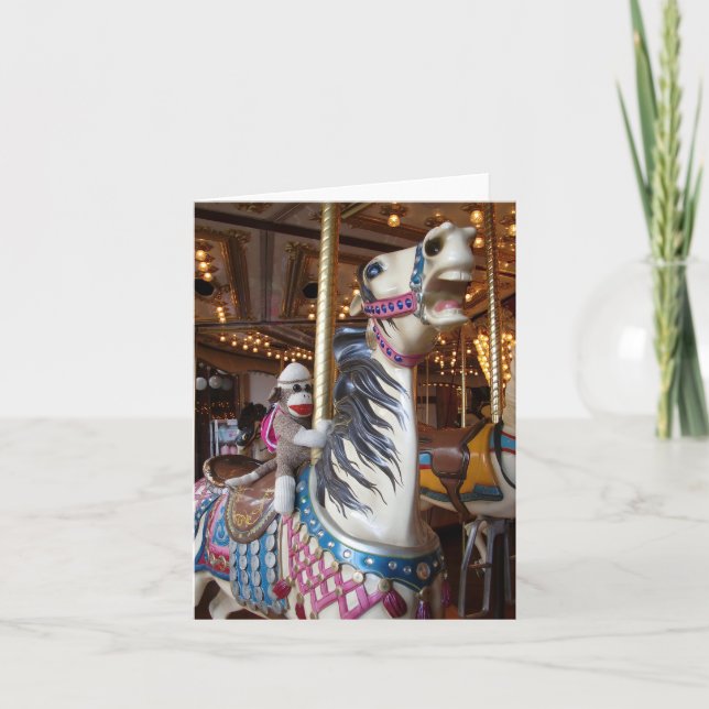 Ernie the Sock Monkey Carousel Horse Note Card (Front)