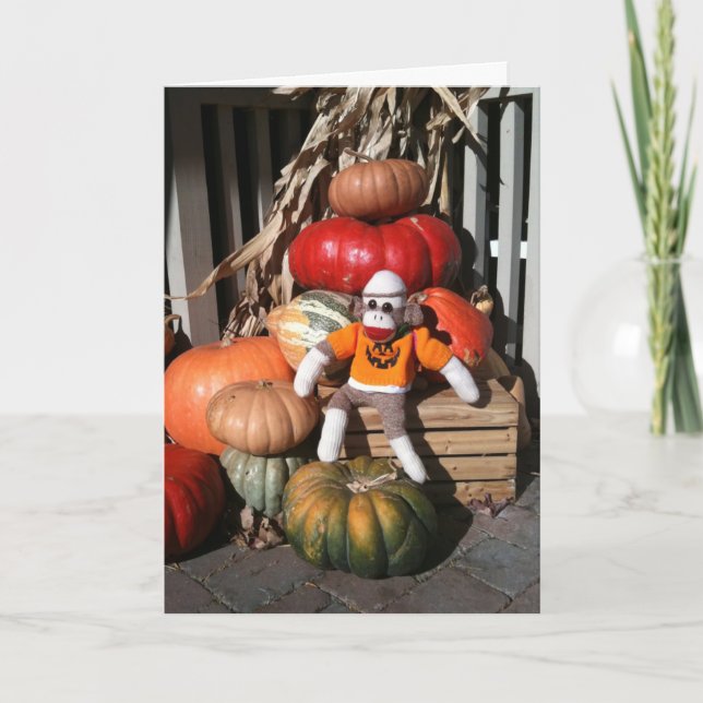 Ernie the Sock Monkey Halloween Pumpkin Card (Front)