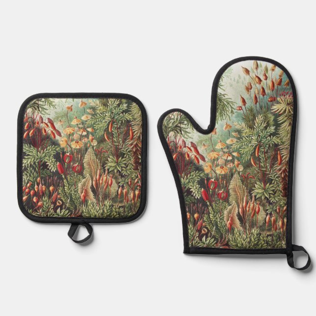 Ernst Haeckel Moss Nature Print Dark Academia Oven Mitt & Pot Holder Set (Front)