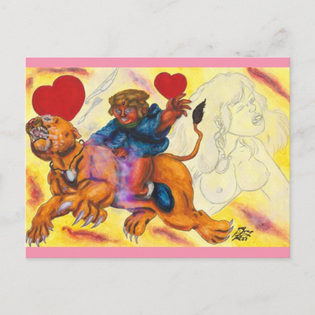 Eros riding Lion Princess watercolor love 3 Holiday Postcard (Front)