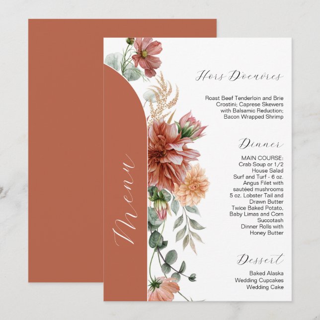 erracotta and Peach Autumn Floral Wedding Menu Invitation (Front/Back)