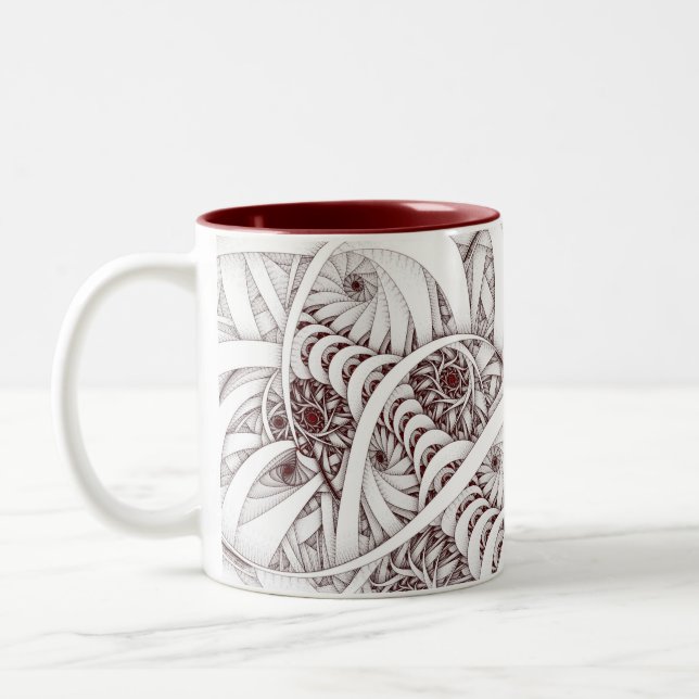"Errant Traipse" Red and White Spiral Fractal Two-Tone Coffee Mug (Left)