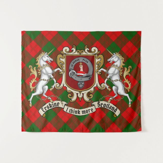 Erskine Clan Badge & Unicorns w/Tartan Tapestry (Front (Horizontal))