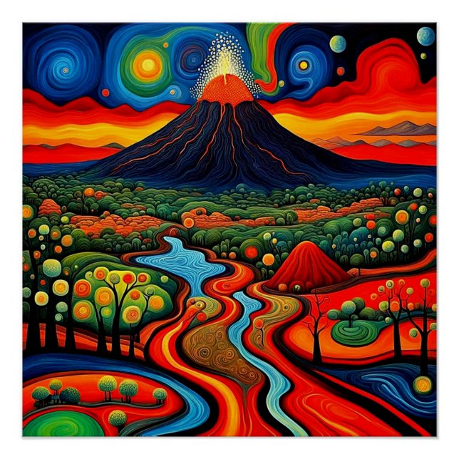 Erupting volcano at night 10 poster (Front)