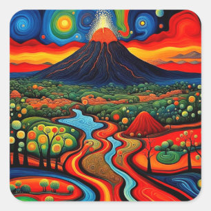 Erupting volcano at night 10 square sticker