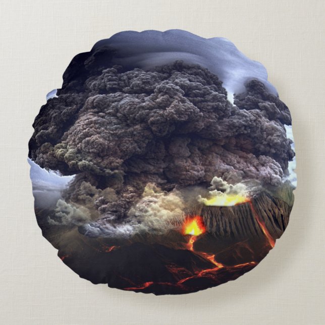 Erupting Volcano on Mountain Round Cushion (Front)