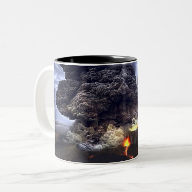 Erupting Volcano on Mountain Two-Tone Coffee Mug (Front Left)