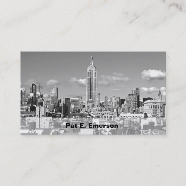 ESB NYC Skyline Puffy Clouds BW Business Card (Front)