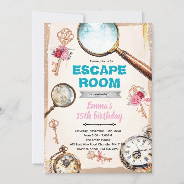 Escape room girl party invitation (Front)
