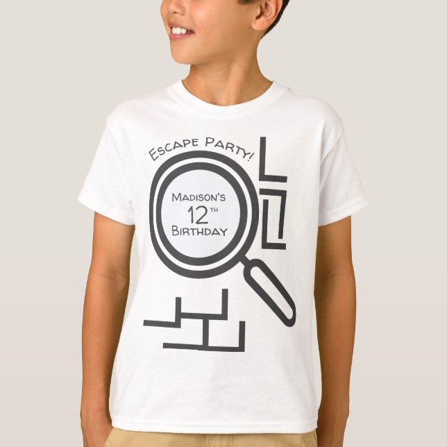 Escape Room Maze Party Grey White T-Shirt (Front)