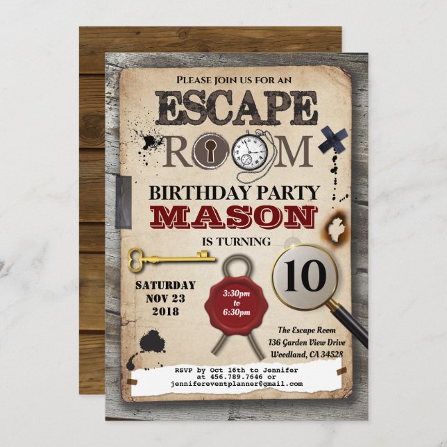 Escape room mystery solving challenge birthday invitation (Front/Back)