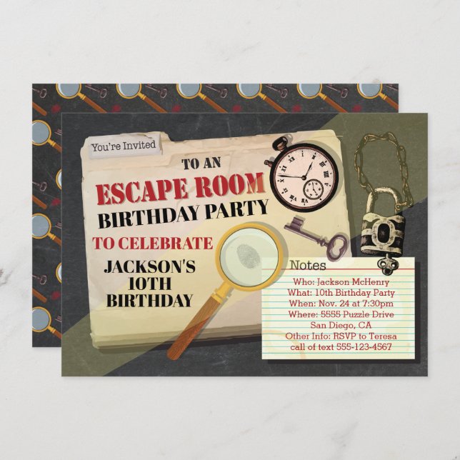 Escape Room Mystery Spy Birthday Party Invitation (Front/Back)