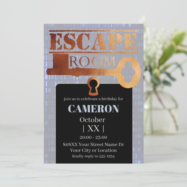 Escape Room Party Lock and Key Binary Code Invitation (Standing Front)