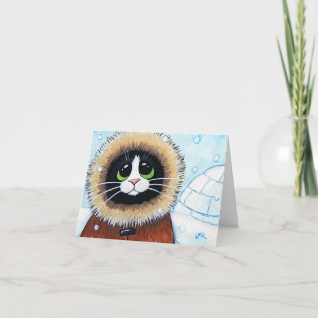 Eskimo Cat and Igloo | Animal Art Note Card (Front)