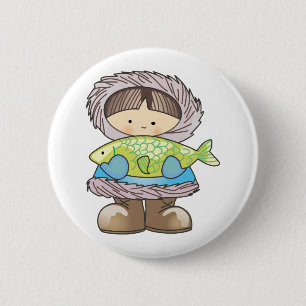 ESKIMO HOLDING FISH 6 CM ROUND BADGE