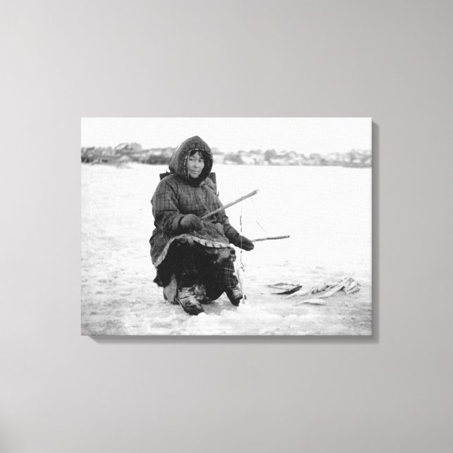 Eskimo Ice Fishing in Nome, Alaska Photograph Canvas Print (Front)