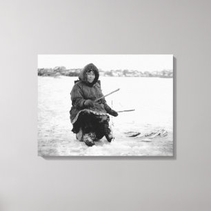 Eskimo Ice Fishing in Nome, Alaska Photograph Canvas Print