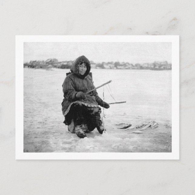 Eskimo Ice Fishing in Nome, Alaska Photograph Postcard (Front)
