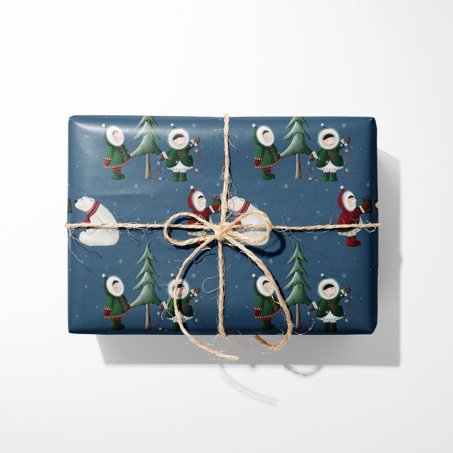 Eskimos & Polar Bears on Blue Wrapping Paper (Creator Uploaded)