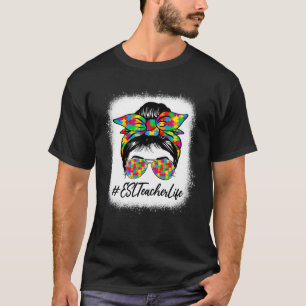 ESL Teacher Messy Bun Supporting Autism Awareness  T-Shirt