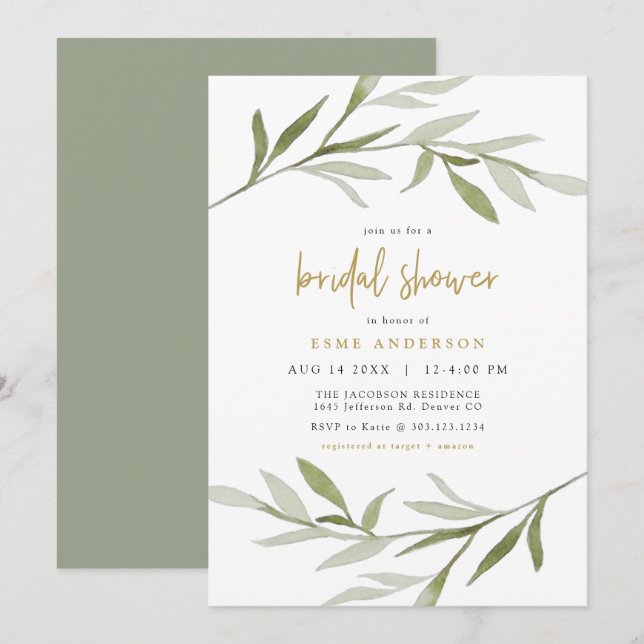 ESME Bohemian Greenery & Gold Bridal Shower Invitation (Front/Back)