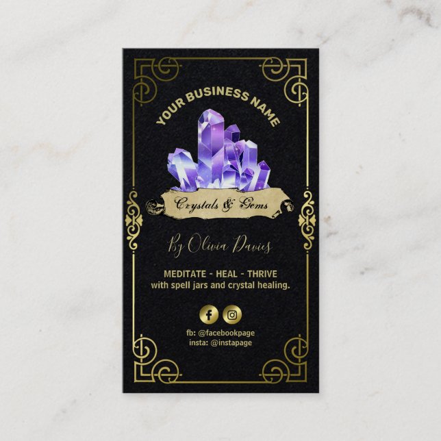 Esoteric Crystal Black Purple And Gold Business Card (Front)