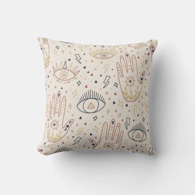 Esoteric Hands Eyes Tan Boho Pattern Stars symbols Cushion (Front)